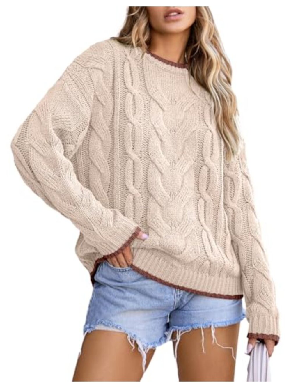 Womens Chunky Cable Knit Color Block Sweater Crewneck Long Sleeve Pullover